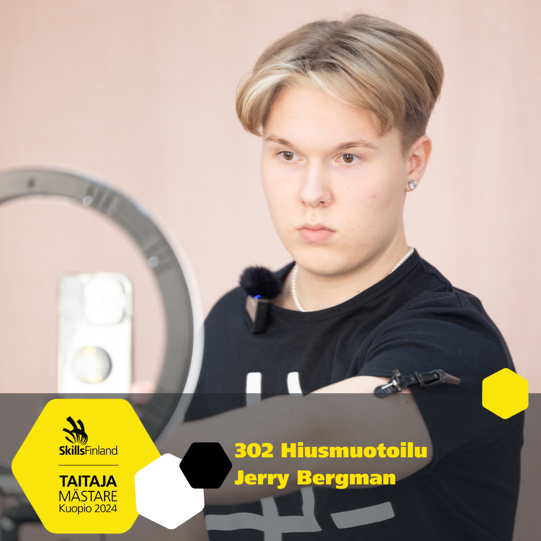 Taitaja-finalisti harjoittelemassa kuvaamassa kampaustaan.